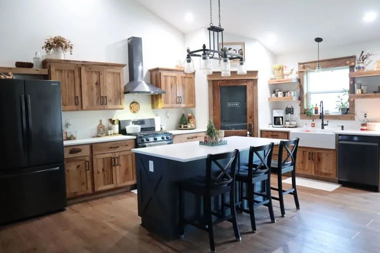 Full hickory kitchen with island seating for four — built by Amish Heritage Woodworks, Wisconsin